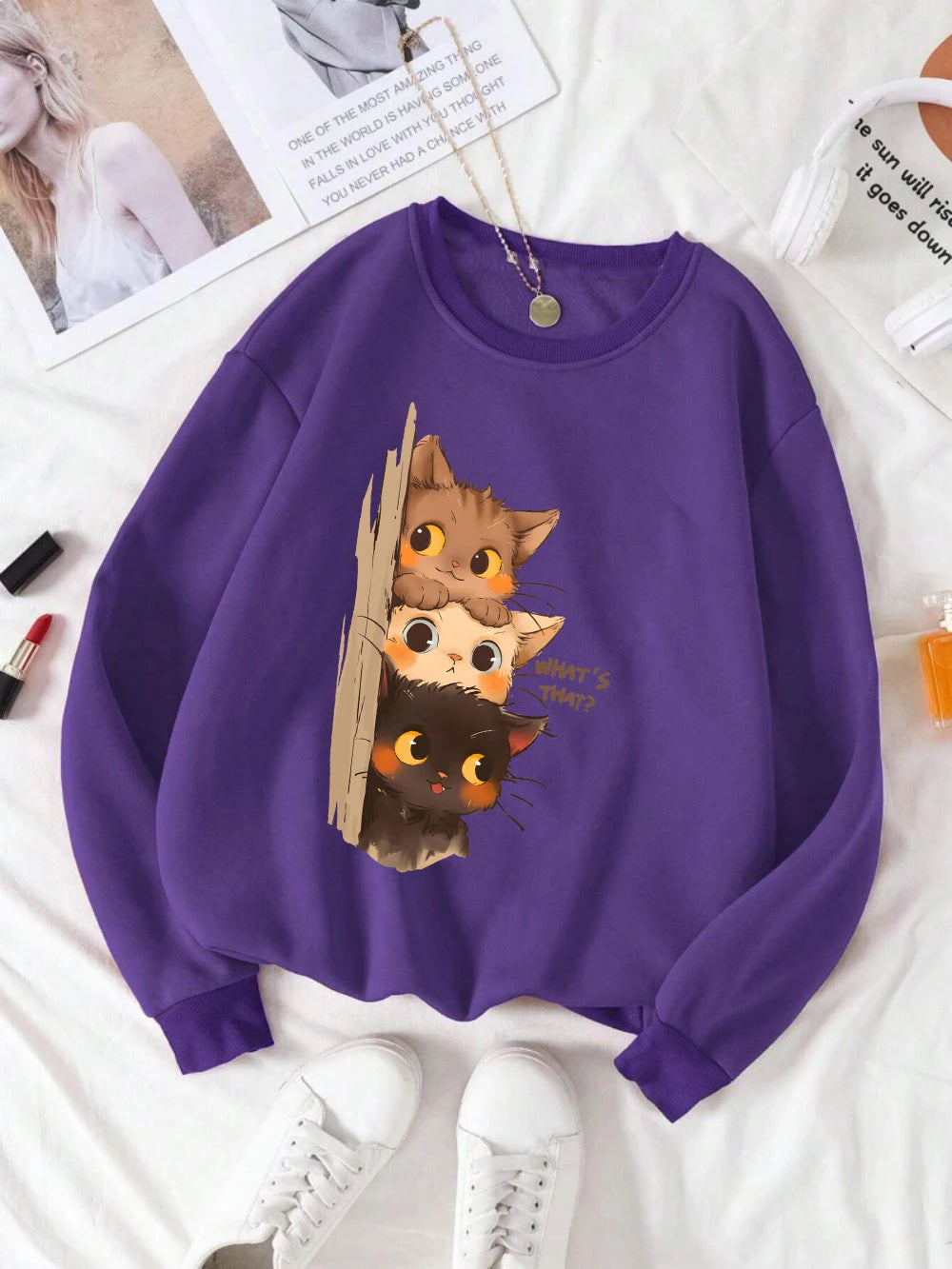 Three Little Cats Are Secretly Watching You Print Hoodie Women Street Loose Sweatshirt Basics Sporty Pullover Winter Clothes