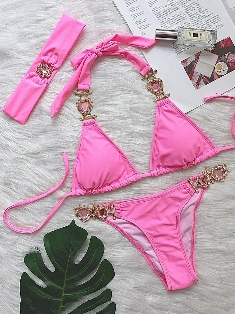 2025 Rhinestone Swimsuit Women Bikinis Crystal Diamond Bikini Set Metal Chain Swimwear female Luxury Aristocratic Swimming Suit