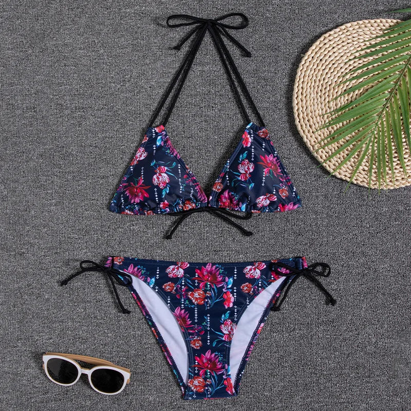 Leaves Print Swimsuit for Women,low Waist Drawstring Bikini,2-piece Swimwear,V-neck Susupender Backless Bathing Suit,beachwear