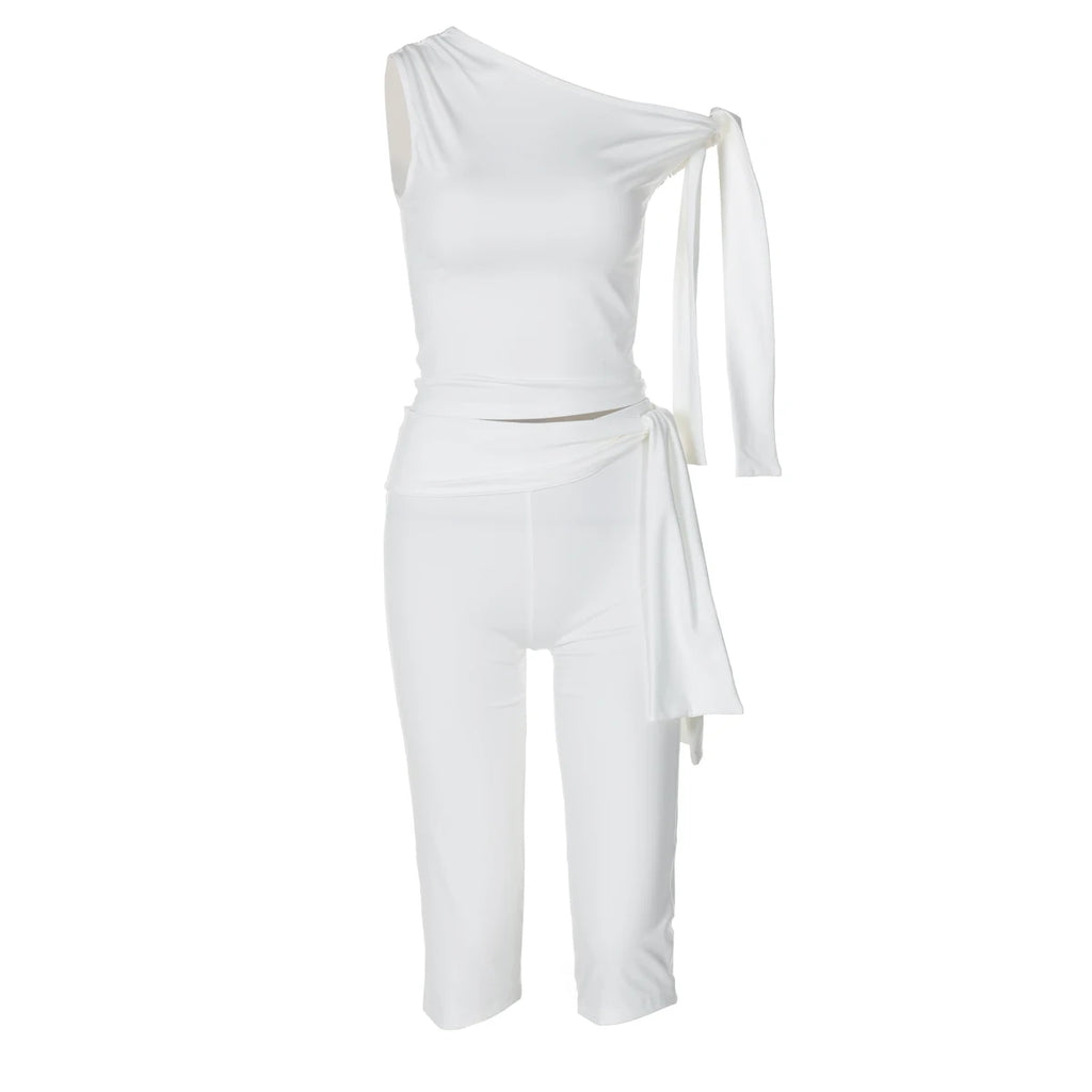 Hugcitar Fashion 2 Pcs Sets Solid One Shoulder Sleeveless Draped Sexy Top Knee Length Pants Women Y2K Outfits Festival Party