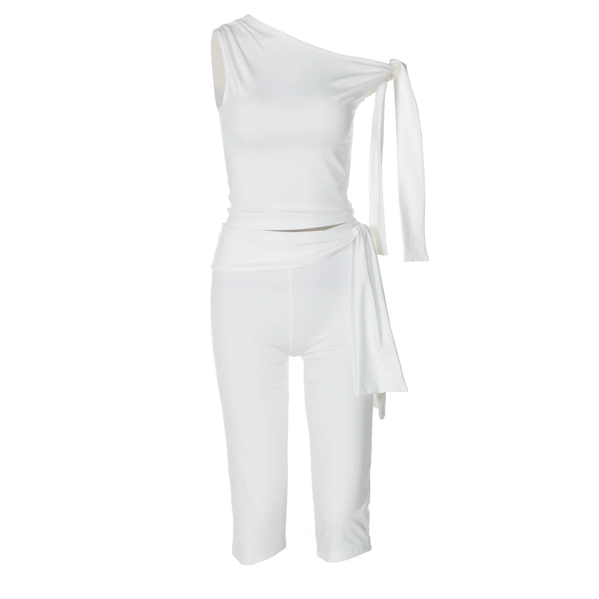 Hugcitar Fashion 2 Pcs Sets Solid One Shoulder Sleeveless Draped Sexy Top Knee Length Pants Women Y2K Outfits Festival Party