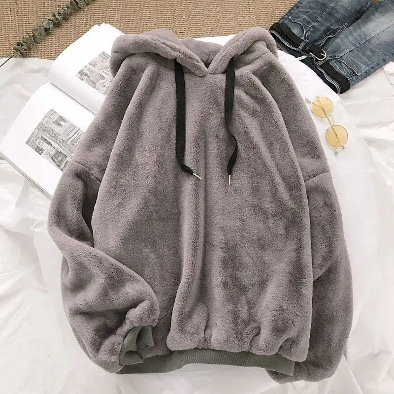 Plus Velvet Hoodies Women Hooded Thicker Furry Cozy Korean Fashion Couples Simple Winter Warm Coats Loose Outwear Slouchy Ins