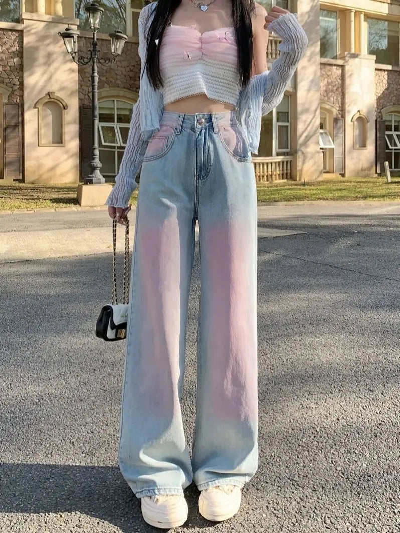 Powder Blusher Gradual Wash Wide Leg Soft Jeans Women's Thin High Waist Loose Slim Large Straight Floor Pants