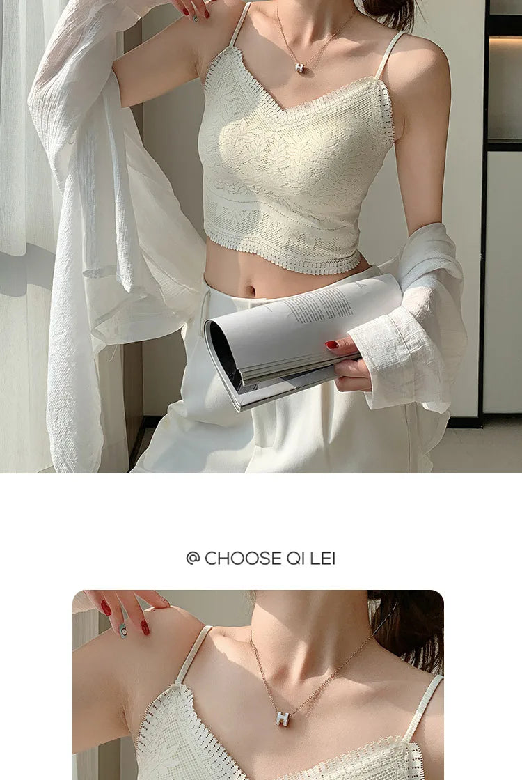 The New Women's Lace Vest with Seamless Small Halter Wrap Chest Seamless Underwear One Cup Anti-slip Bra Y2k Top Tank Top Halter