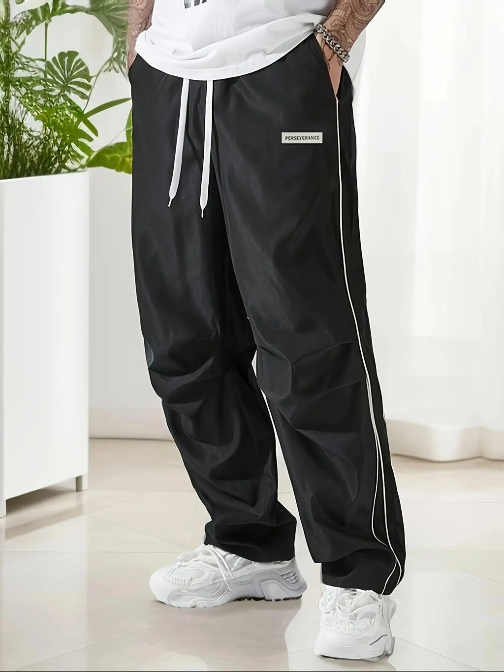 Men's Regular Plain Sports Straight Pants with Drawstrings and Elastic Waistband, Reflective Webbing Design, Suitable for Daily Leisure, Street Basketball, Fitness, Multi-Scenario Matchinging, Suitable for All Seasons