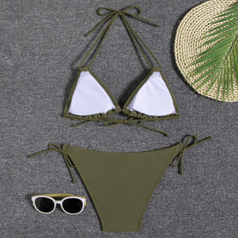 Leaves Print Swimsuit for Women,low Waist Drawstring Bikini,2-piece Swimwear,V-neck Susupender Backless Bathing Suit,beachwear