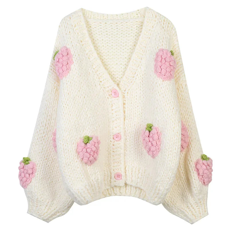 Spring Autumn Women Sweet Strawberry Sweater Cardigan Shirts Denim Pants 1 or 3 Piece Set Lady Fashion Knit Tops Jeans Outfits