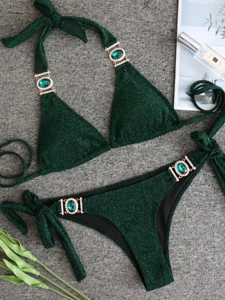 2025 Rhinestone Swimsuit Women Bikinis Crystal Diamond Bikini Set Metal Chain Swimwear female Luxury Aristocratic Swimming Suit