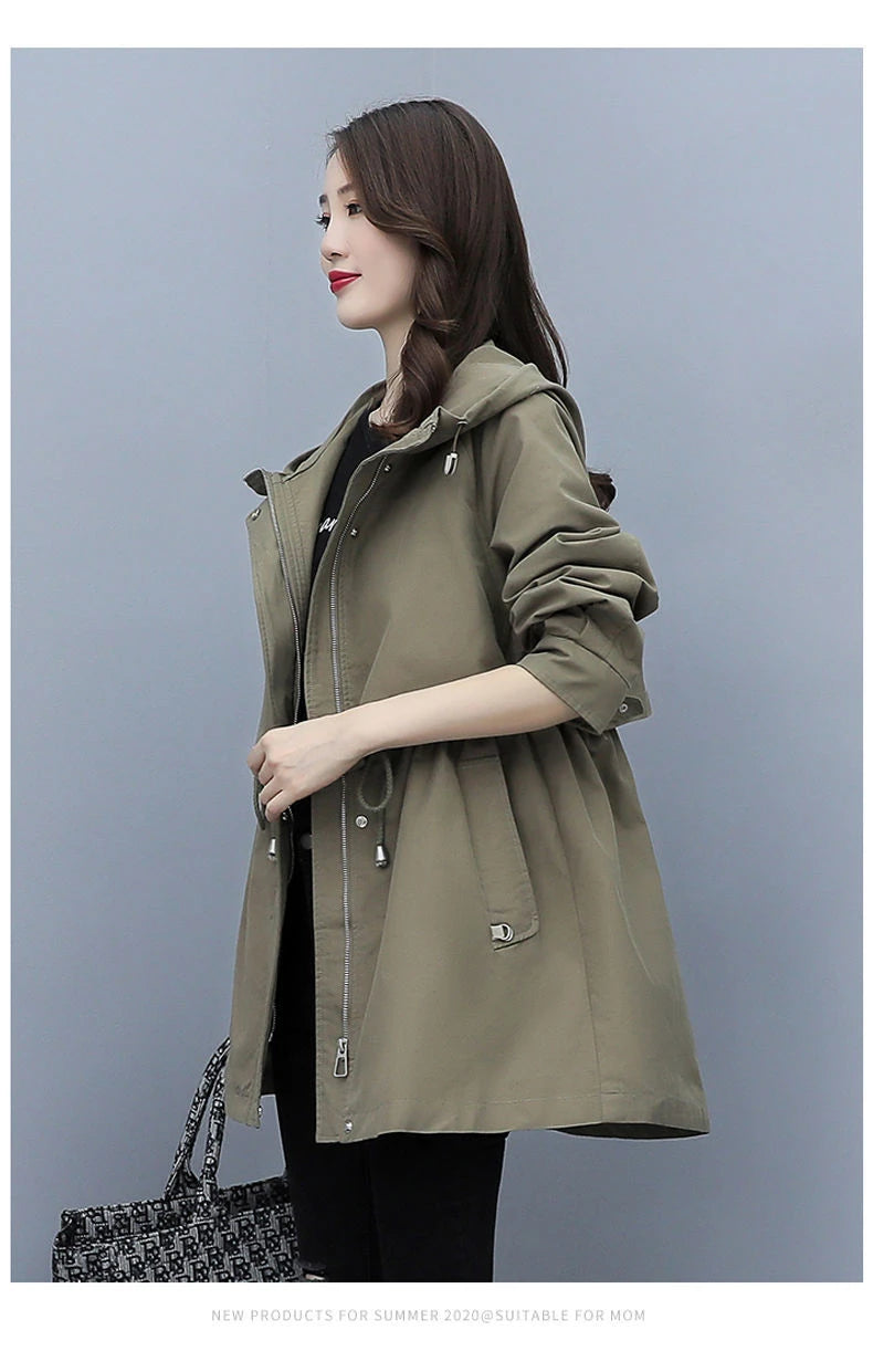 Spring and Autumn 2023 Women's Mid-length Trench Coat Hooded Zipper Tie-in Jackets British Style Loose Coats Women's Clothing