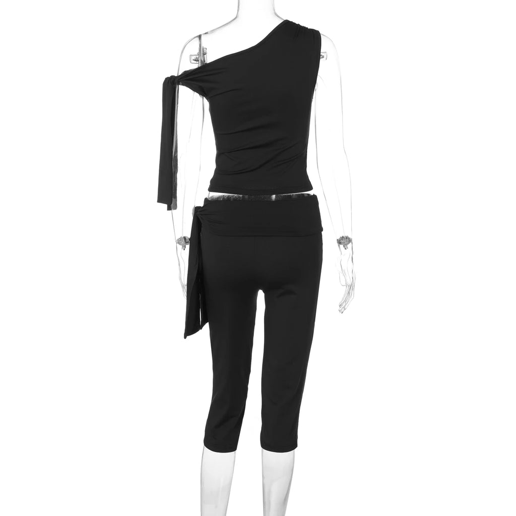 Hugcitar Fashion 2 Pcs Sets Solid One Shoulder Sleeveless Draped Sexy Top Knee Length Pants Women Y2K Outfits Festival Party