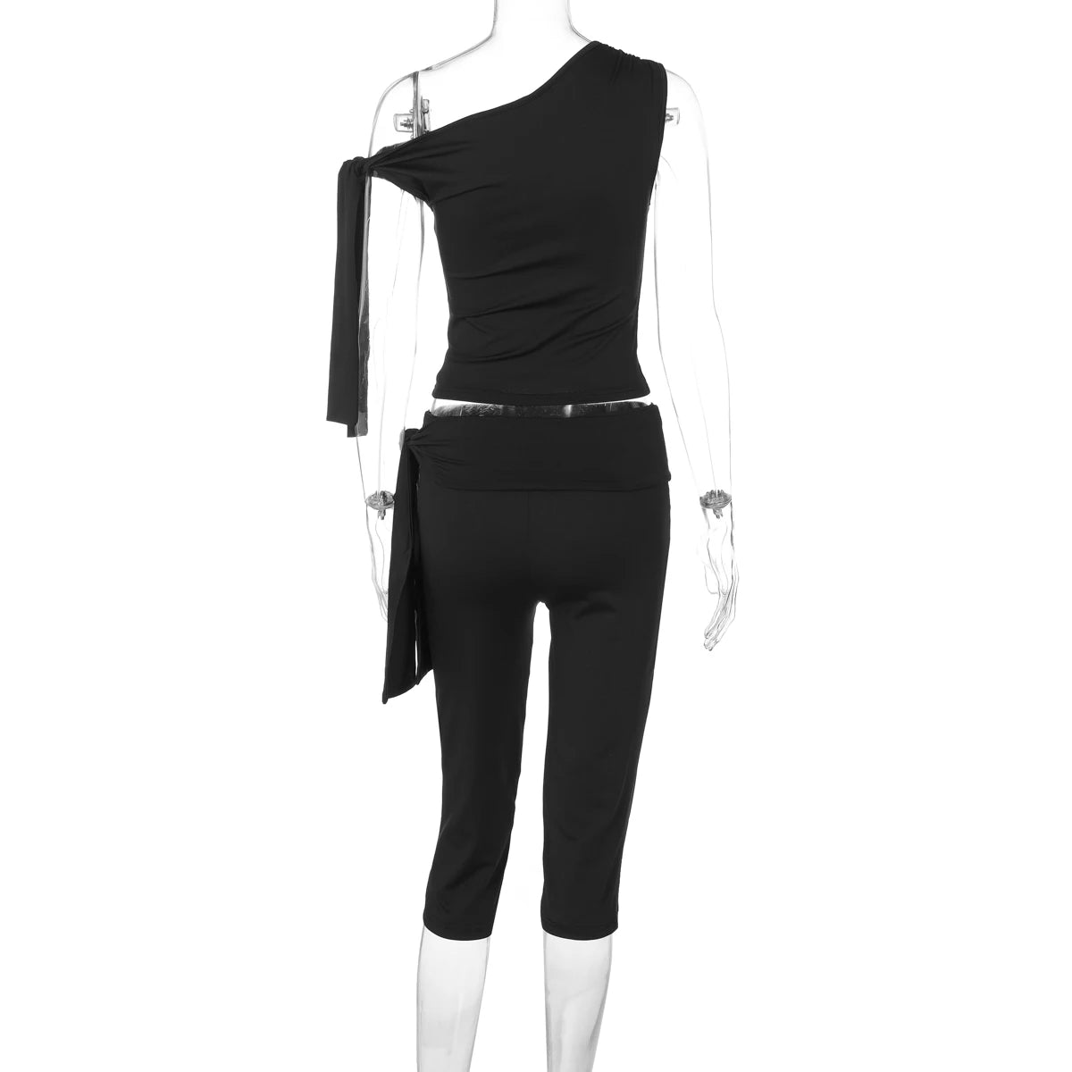 Hugcitar Fashion 2 Pcs Sets Solid One Shoulder Sleeveless Draped Sexy Top Knee Length Pants Women Y2K Outfits Festival Party