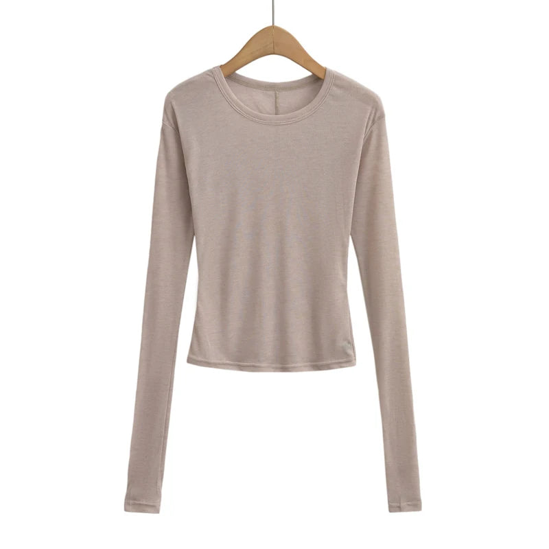 Autumn basic casual round neck long sleeved T-shirt top, high elasticity semi transparent slim knit fabric top