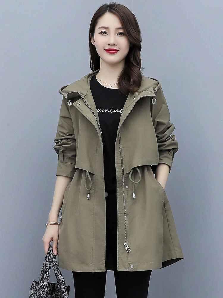 Spring and Autumn 2023 Women's Mid-length Trench Coat Hooded Zipper Tie-in Jackets British Style Loose Coats Women's Clothing