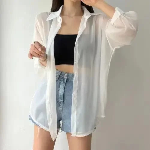 2025 Colors Shirts Women Sheer Thin Chic Summer Simple Solid Sun-proof Temper Fashion Baggy All-match Basic Korean Style Clothes