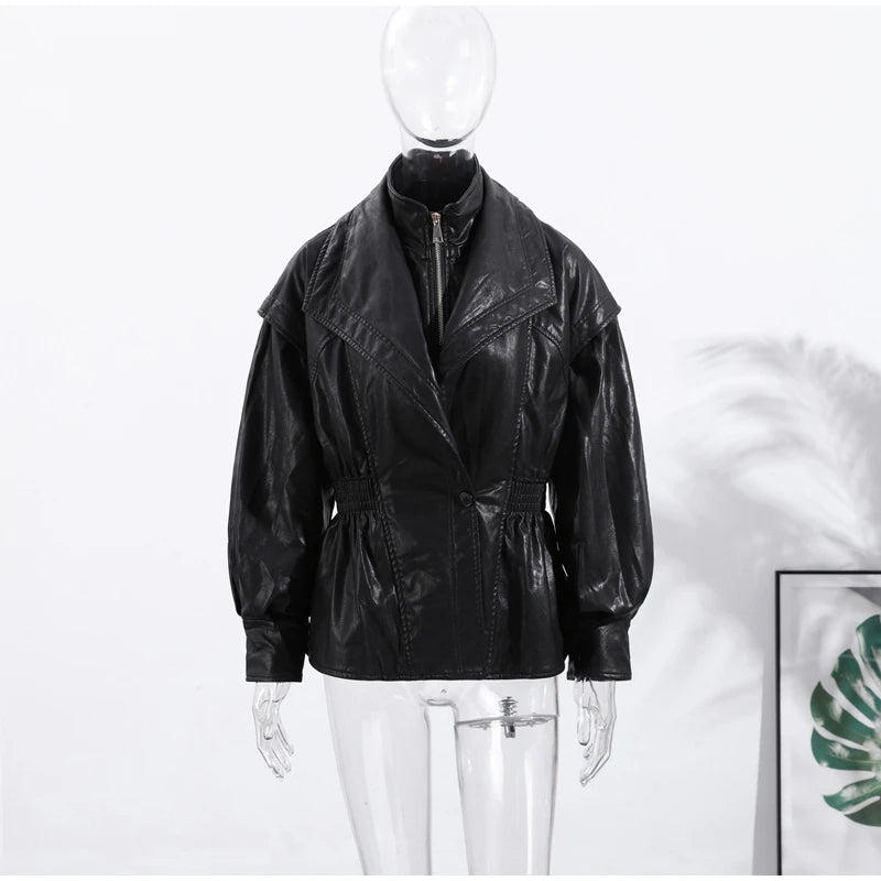 Fashion Brown Slim Waist Leather Jacket Women Loose Lapel Long Sleeve One Button Zipper Jackets 2026 Spring Street Lady Outwear