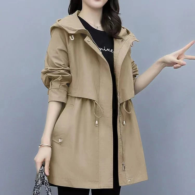 Spring and Autumn 2023 Women's Mid-length Trench Coat Hooded Zipper Tie-in Jackets British Style Loose Coats Women's Clothing