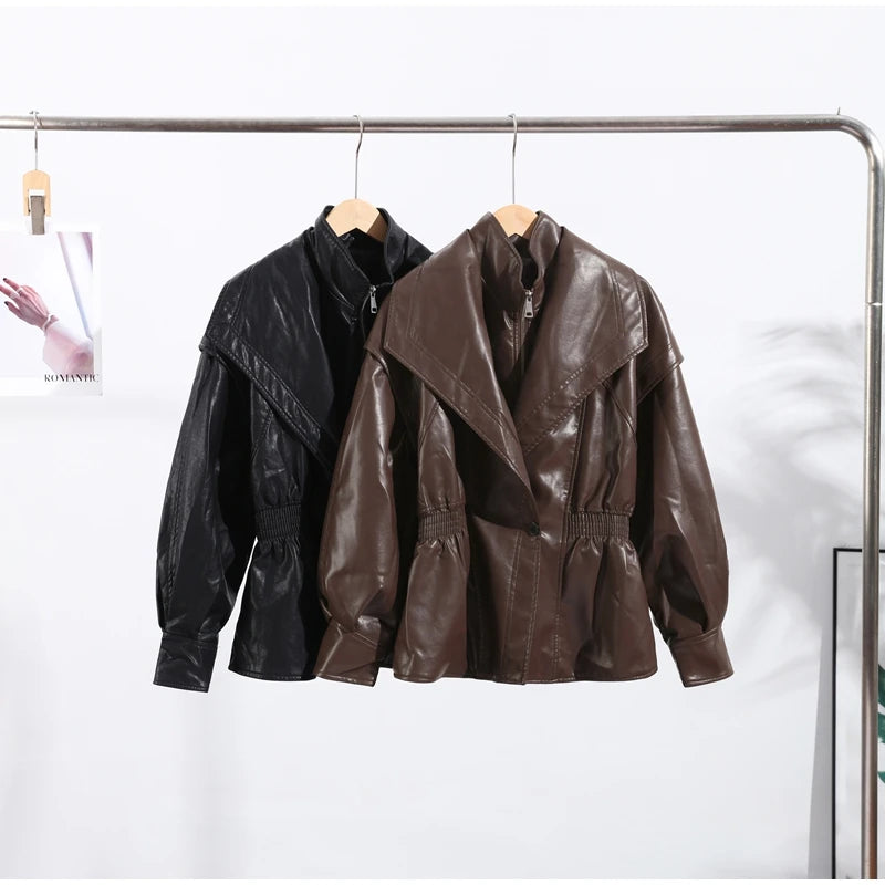 Fashion Brown Slim Waist Leather Jacket Women Loose Lapel Long Sleeve One Button Zipper Jackets 2026 Spring Street Lady Outwear