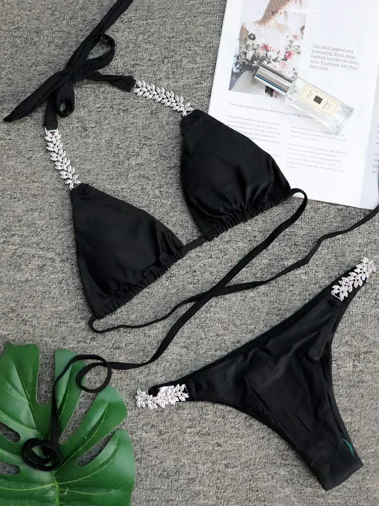 2025 Rhinestone Swimsuit Women Bikinis Crystal Diamond Bikini Set Metal Chain Swimwear female Luxury Aristocratic Swimming Suit