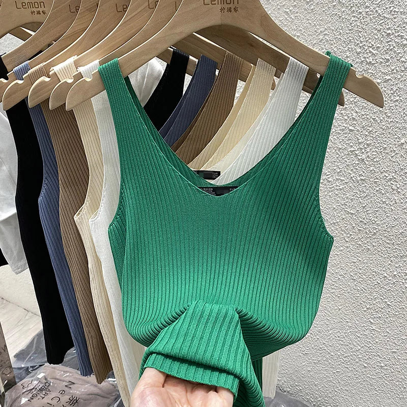 Zjaiss 2026 Summer Fashion Women Camisole Ice Silk Knit Tank Top Slim Fit Sleeveless Base Top Solid Color V-Neck Crop Top