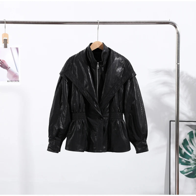 Fashion Brown Slim Waist Leather Jacket Women Loose Lapel Long Sleeve One Button Zipper Jackets 2026 Spring Street Lady Outwear