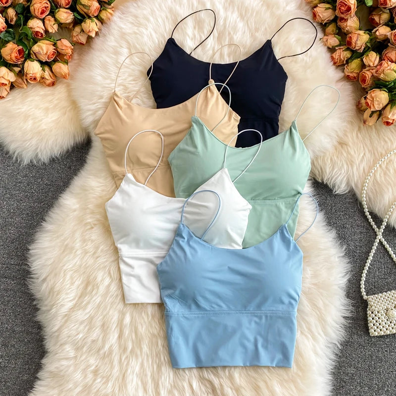 Sexy solid color crop tops sports spaghetti strap tanke top women built in bra off shoulder sleeveless omighty camisole hot