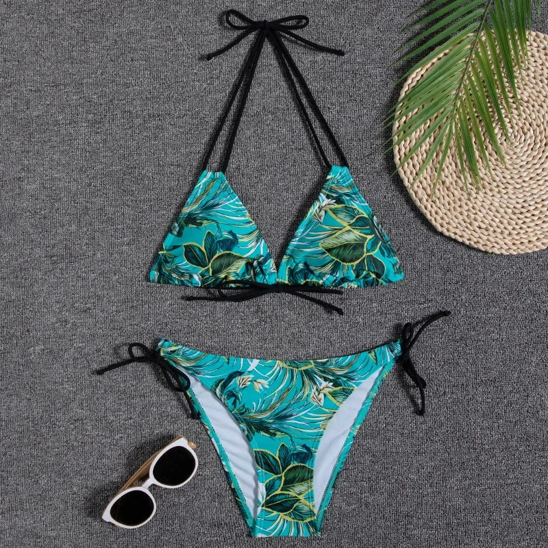 Leaves Print Swimsuit for Women,low Waist Drawstring Bikini,2-piece Swimwear,V-neck Susupender Backless Bathing Suit,beachwear