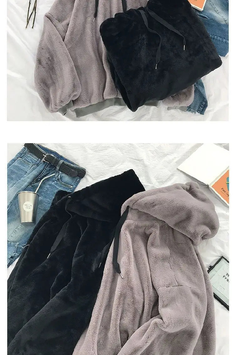 Plus Velvet Hoodies Women Hooded Thicker Furry Cozy Korean Fashion Couples Simple Winter Warm Coats Loose Outwear Slouchy Ins