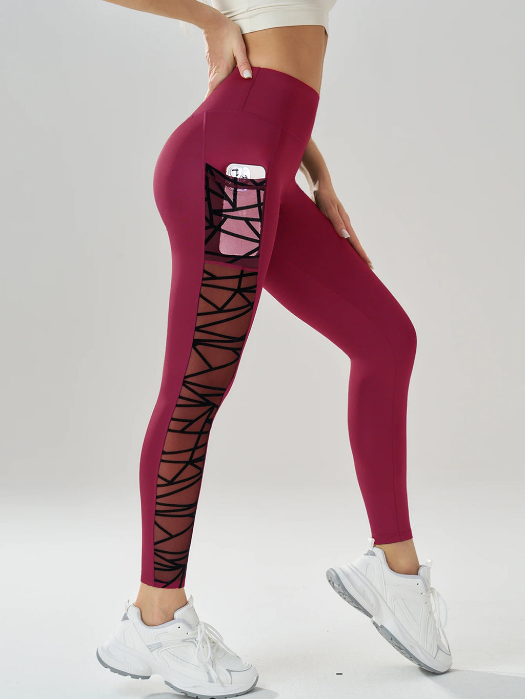 Side Mesh Yoga Women's Leggings Black Fabric Patchwork High Waist Soft Comfortable Gym Fitness Sportswear Long Pants