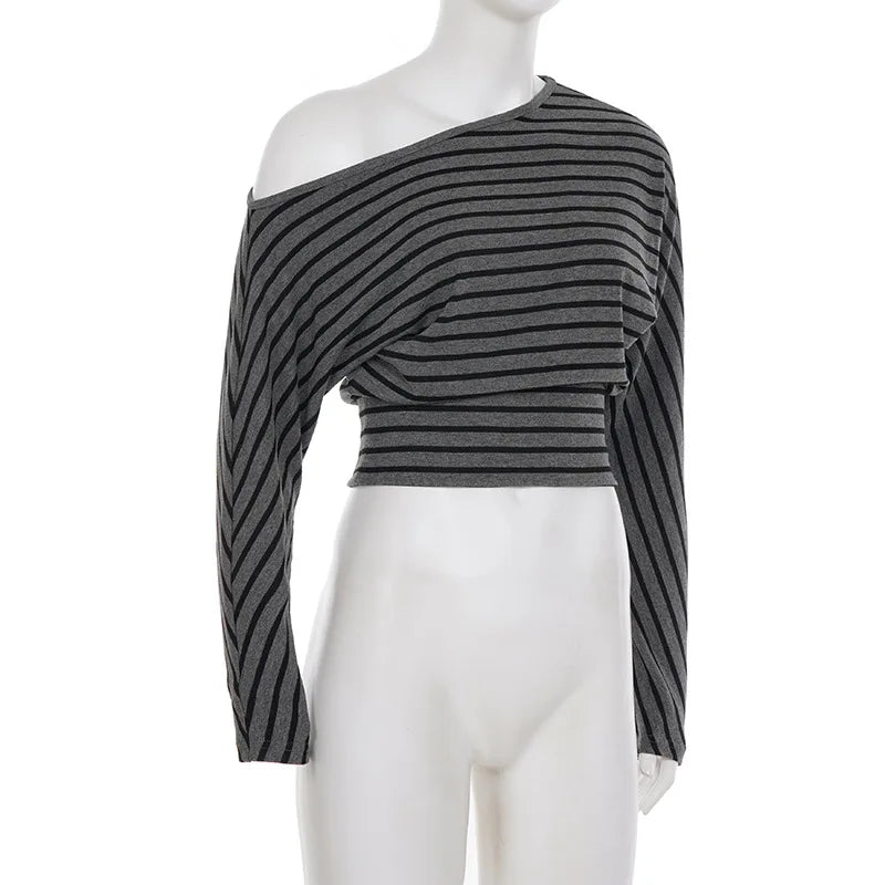 Korean Tees Striped Women Tshirts Long Sleeve Loose Camisetas 2025 Ropa Mujer Sexy Y2k Tops Off Shoulder Fashion Summer T-shirt