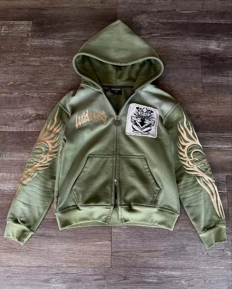 Y2K Harajuku New Fashion Skull Embroidery Plus Velvet Padded Casual Joker Vintage Popular Hip Hop Couples Fur Collar Coat Tops