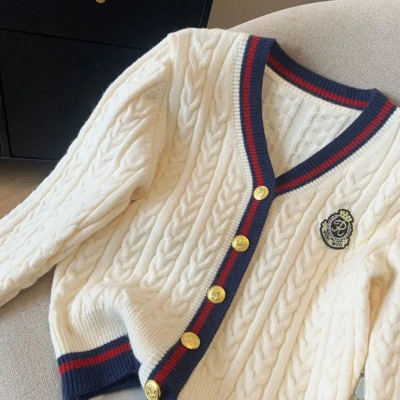 2025 Autumn Winter Preppy Style V-Neck Knitting Long Sleeve Cardigan Women Casual Appliques Single Breasted Female Loose Sweater