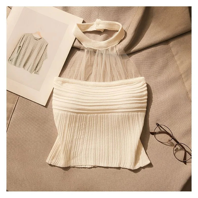 Women Tank Top Mesh Halter Neck Knitted Short Vest Korean Fashion Style Pure Hot Gilr Sexy Knit Girl Pullover Clothing