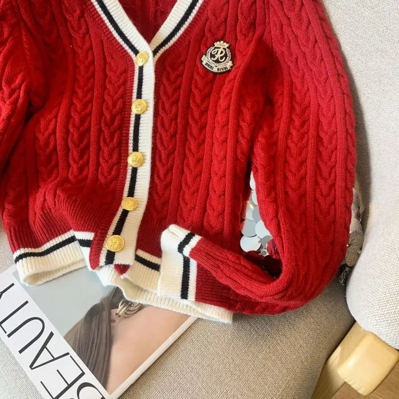 2025 Autumn Winter Preppy Style V-Neck Knitting Long Sleeve Cardigan Women Casual Appliques Single Breasted Female Loose Sweater