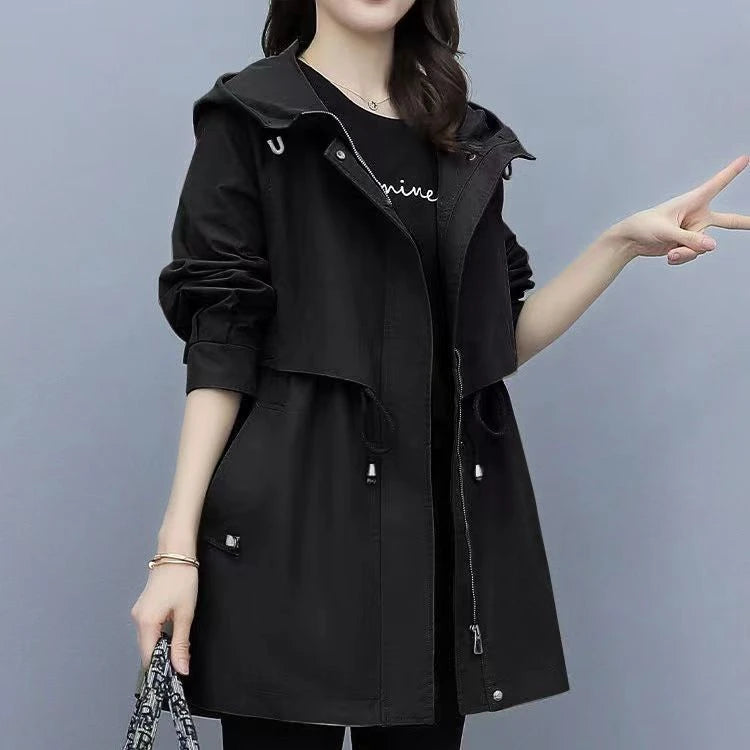 Spring and Autumn 2023 Women's Mid-length Trench Coat Hooded Zipper Tie-in Jackets British Style Loose Coats Women's Clothing