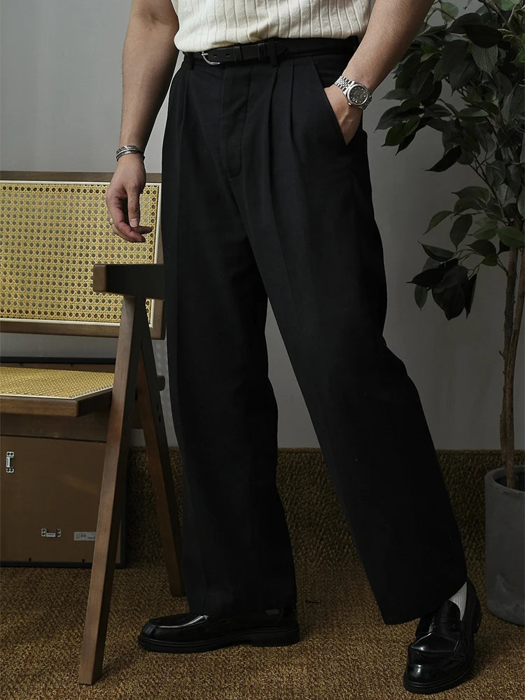 2025 Spring Trendy Mens Trousers Solid Color Pleated Loose Straight Pants Men Leisure Breathable Suit Trousers Men's Clothing