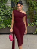 Hugcitar Fashion 2 Pcs Sets Solid One Shoulder Sleeveless Draped Sexy Top Knee Length Pants Women Y2K Outfits Festival Party