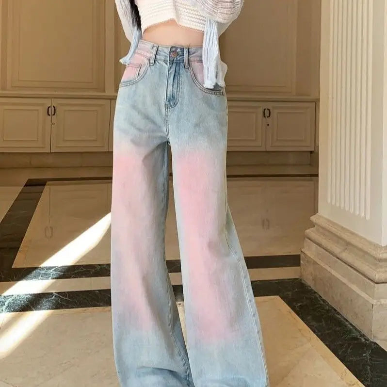 Powder Blusher Gradual Wash Wide Leg Soft Jeans Women's Thin High Waist Loose Slim Large Straight Floor Pants