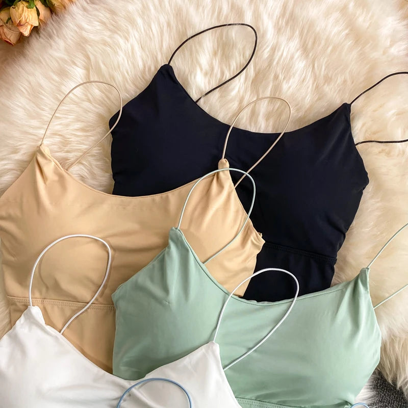Sexy solid color crop tops sports spaghetti strap tanke top women built in bra off shoulder sleeveless omighty camisole hot