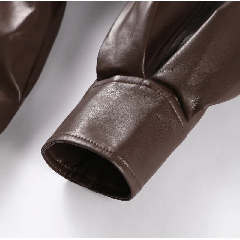 Fashion Brown Slim Waist Leather Jacket Women Loose Lapel Long Sleeve One Button Zipper Jackets 2026 Spring Street Lady Outwear