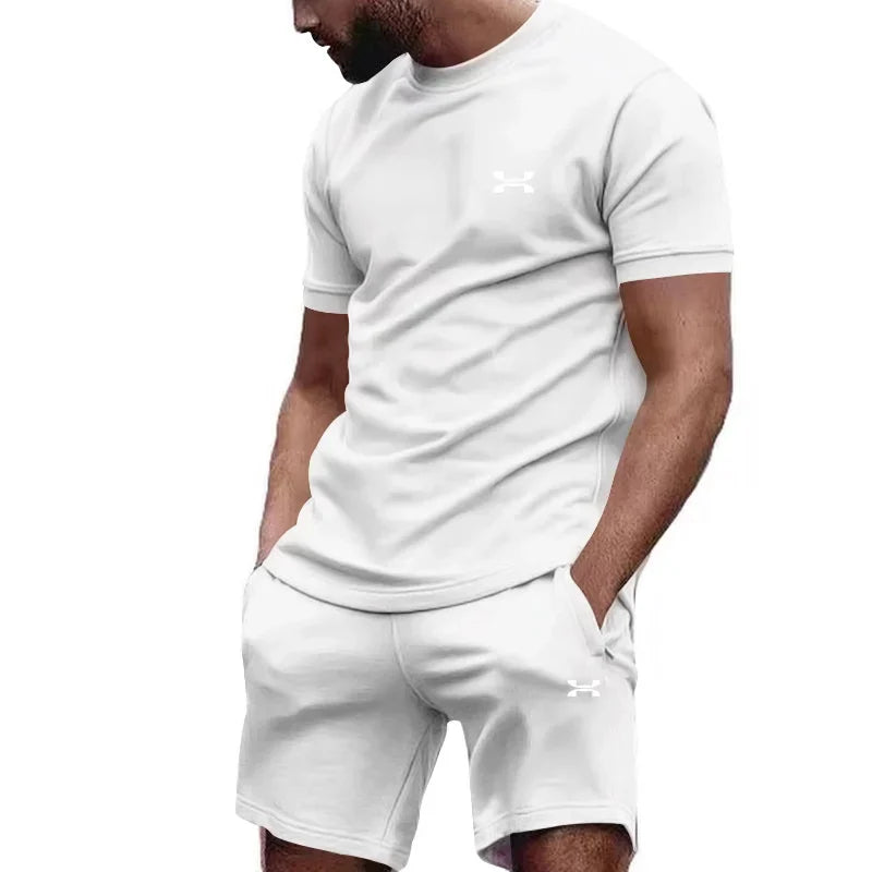 New summer men's casual shortsleeved shorts 2-piece city street fashion T-shirt shorts suit men's cool run hot sale