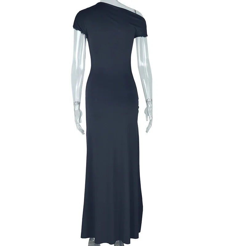 Leosoxs Elegant White Maxi Dresses for Women Irregular Short Sleeve High Split Pleated Bodycon Dress Female Party Evening Robe