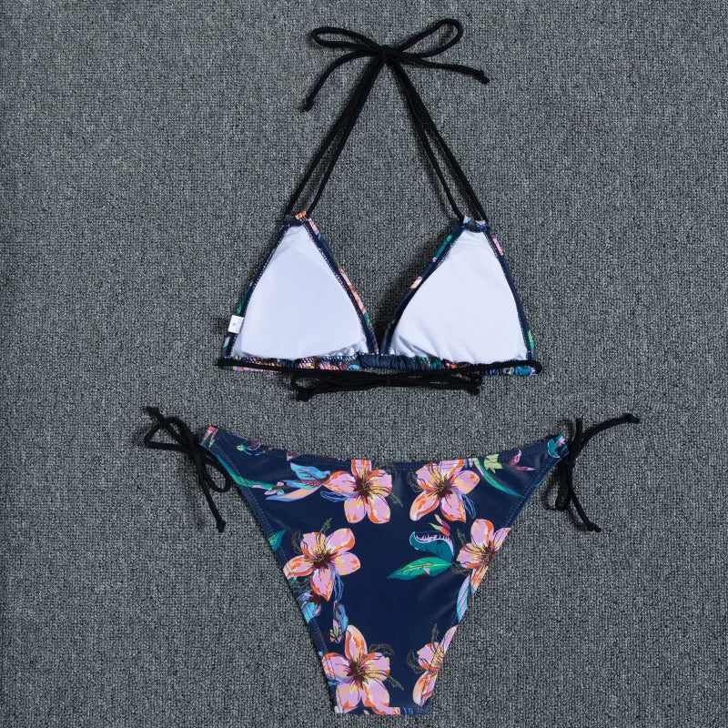 Leaves Print Swimsuit for Women,low Waist Drawstring Bikini,2-piece Swimwear,V-neck Susupender Backless Bathing Suit,beachwear