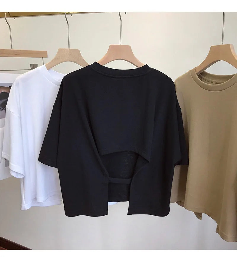 Summer Clothes Korean Sexy Backless Short O-Neck Women Casual Solid Color T-Shirt Short Sleeve Girl Tee Shirt Fashion Tops