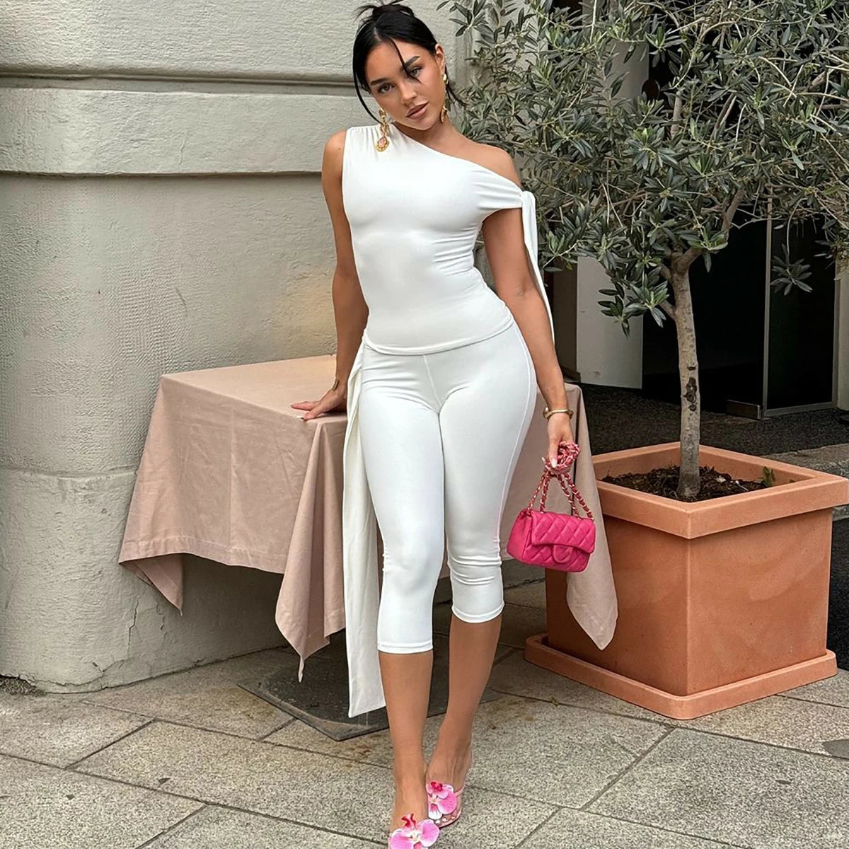 Hugcitar Fashion 2 Pcs Sets Solid One Shoulder Sleeveless Draped Sexy Top Knee Length Pants Women Y2K Outfits Festival Party