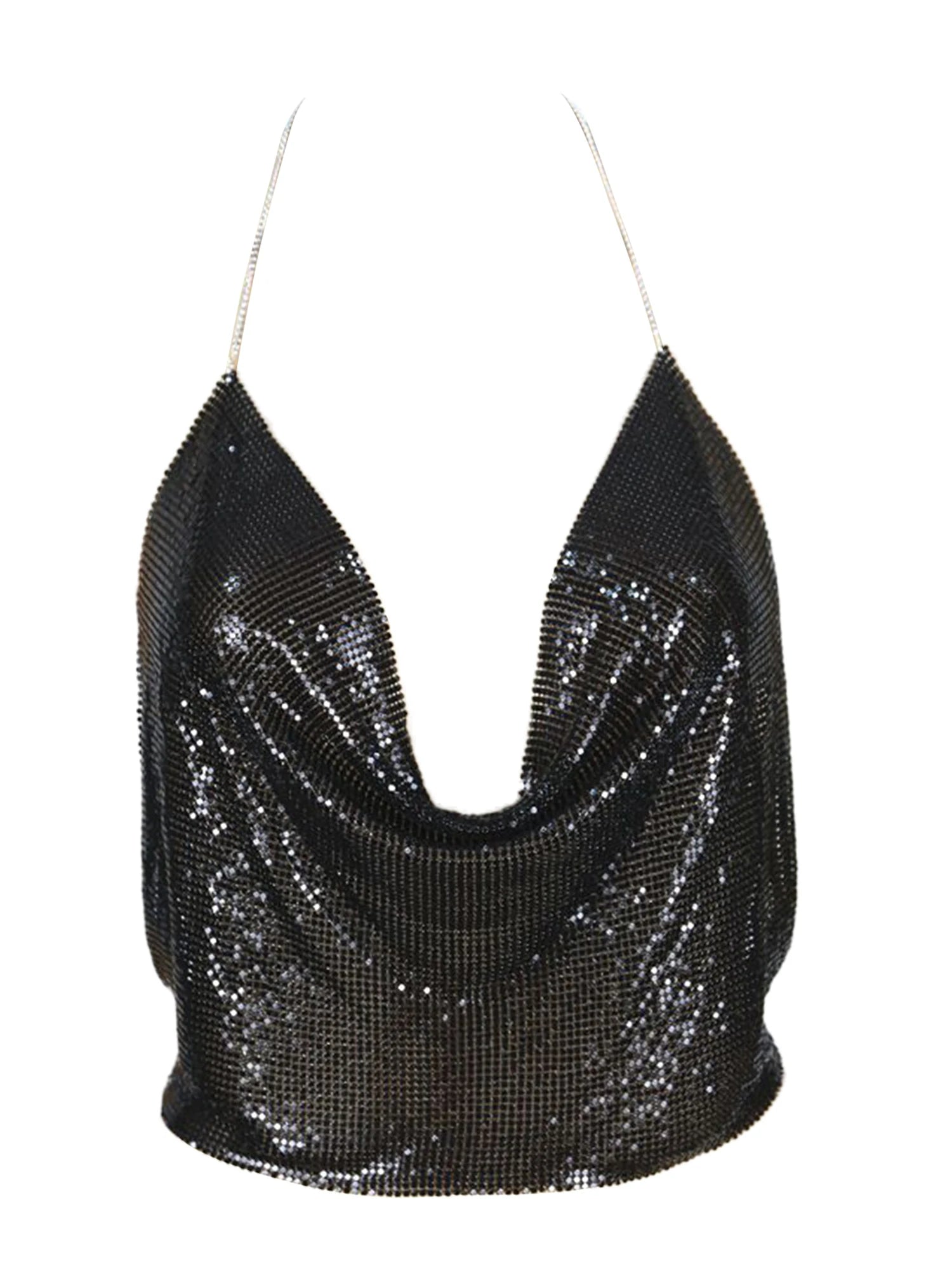 Sexy Halter Tank Tops Shining Metal Sequins Backless Low-Cut Tank Camisole For Women