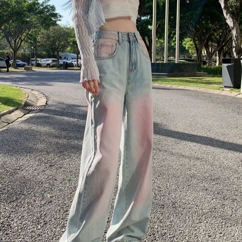 Powder Blusher Gradual Wash Wide Leg Soft Jeans Women's Thin High Waist Loose Slim Large Straight Floor Pants