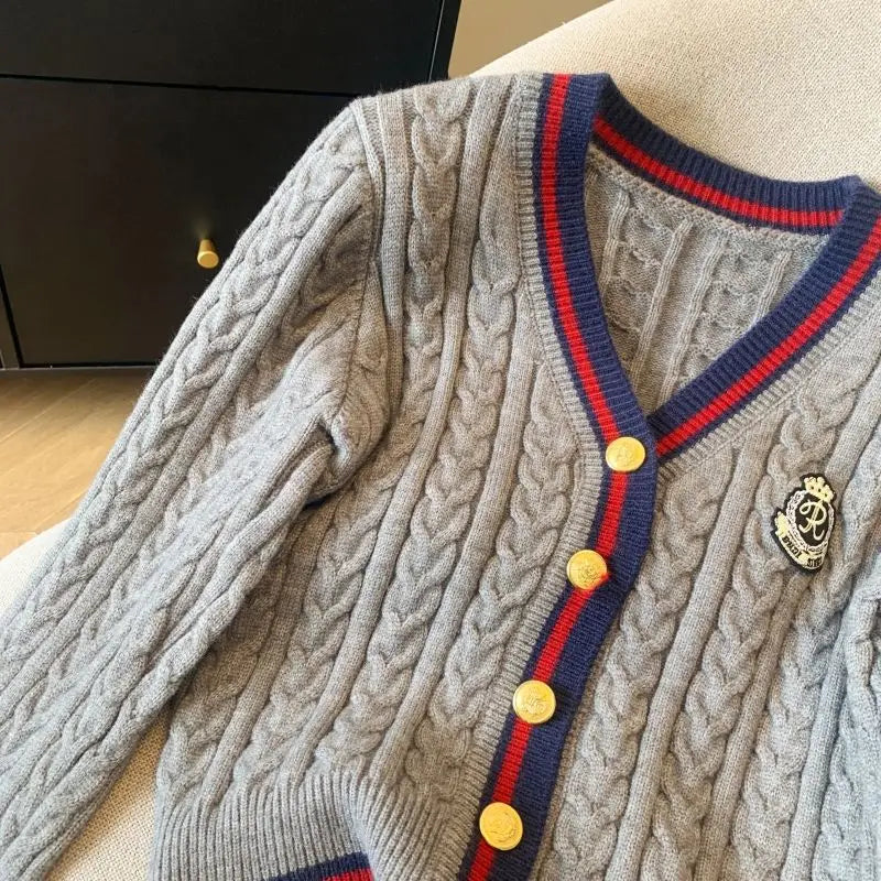 2025 Autumn Winter Preppy Style V-Neck Knitting Long Sleeve Cardigan Women Casual Appliques Single Breasted Female Loose Sweater