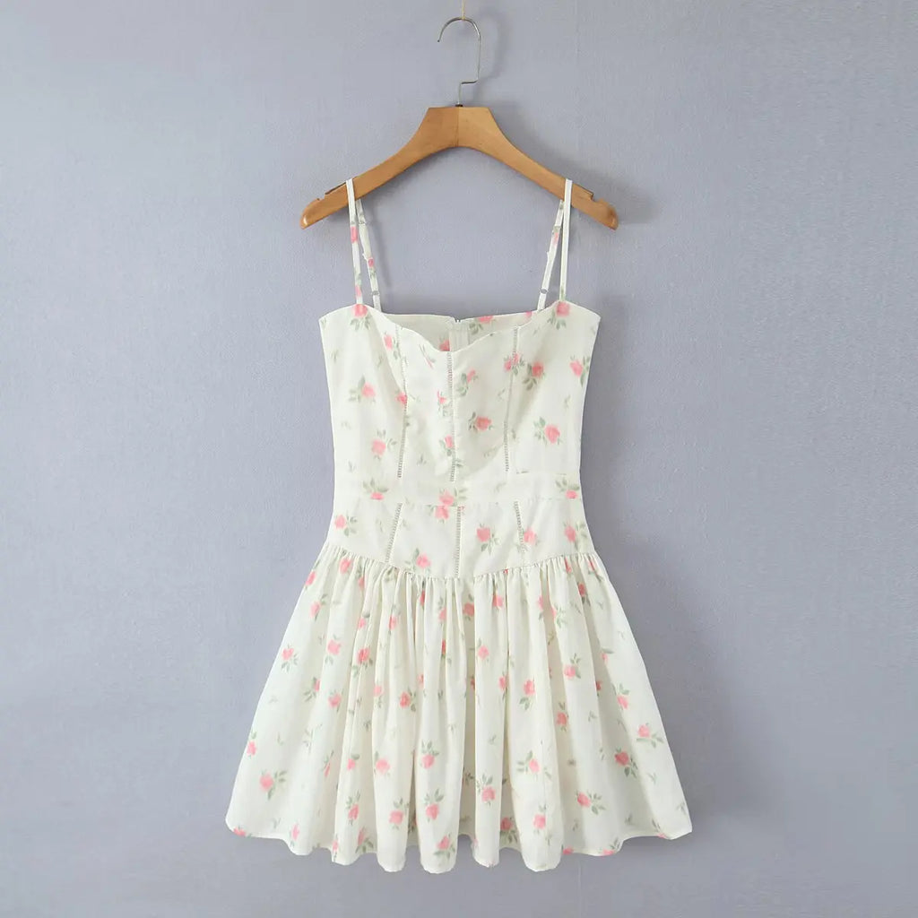 YENKYE Sexy Spaghetti Straps Floral Print Mini Dresses Women Low Waist A-line Summer Vacation Party Robe