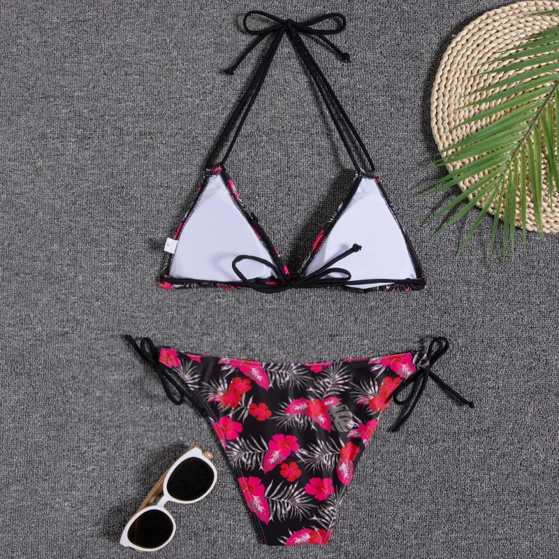 Leaves Print Swimsuit for Women,low Waist Drawstring Bikini,2-piece Swimwear,V-neck Susupender Backless Bathing Suit,beachwear