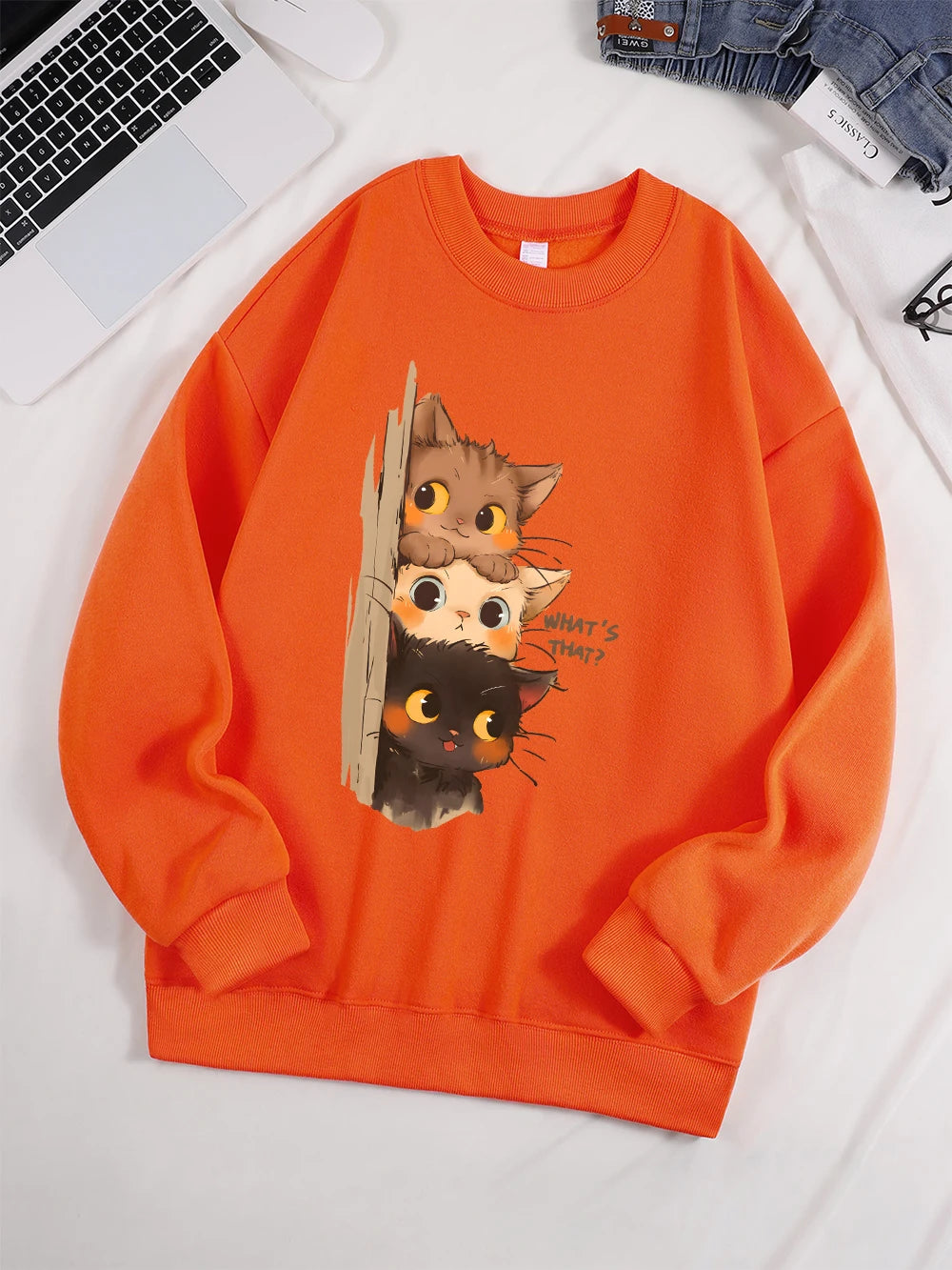 Three Little Cats Are Secretly Watching You Print Hoodie Women Street Loose Sweatshirt Basics Sporty Pullover Winter Clothes